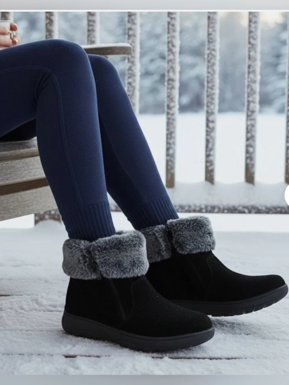 Khombu “Jessica” Black Suede Zip Ankle Boots Grey Faux Fur Collar Womens 10